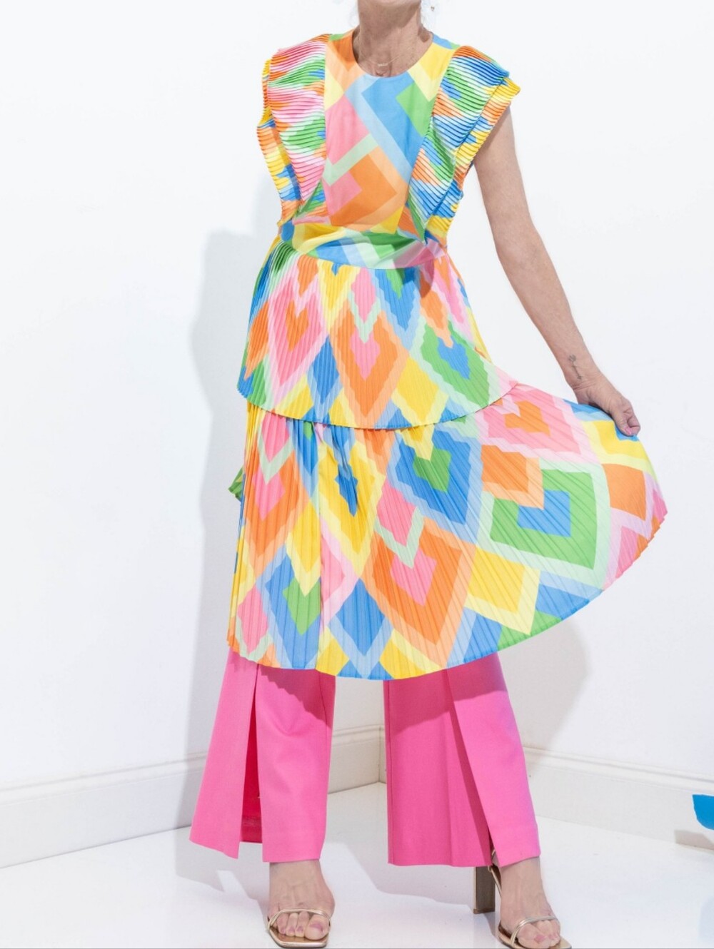 Emily McCarthy Chloe Midi Dress Geo Multi Print Bright Colors Summer Casual XS